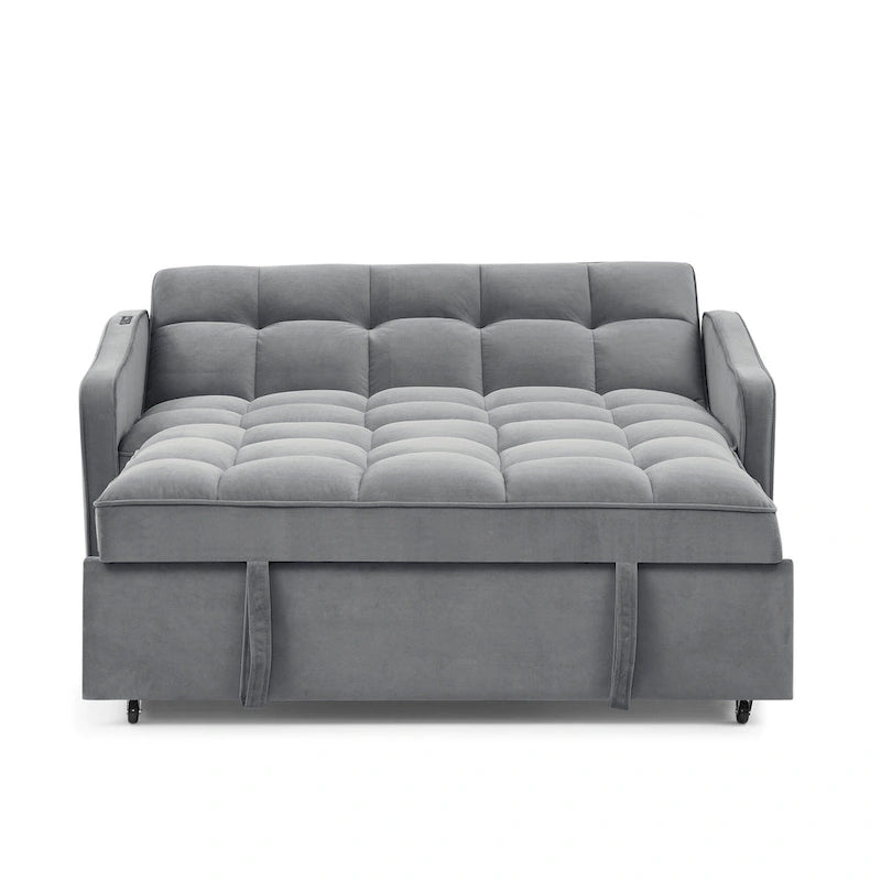 Causeuse de style mid-century en velours bleu/gris/beige, convertible en lit, avec ports USB et dossier réglable – 2 places