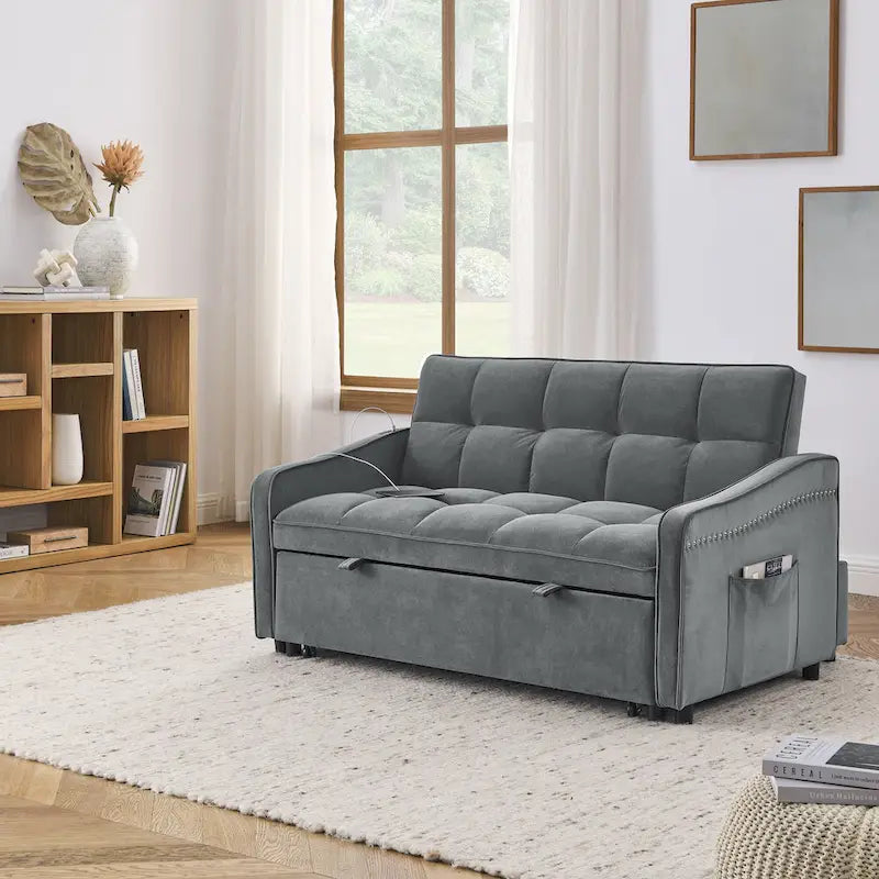 Causeuse de style mid-century en velours bleu/gris/beige, convertible en lit, avec ports USB et dossier réglable – 2 places