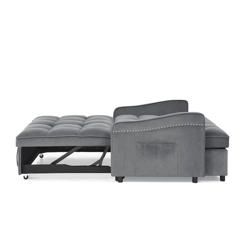 Causeuse de style mid-century en velours bleu/gris/beige, convertible en lit, avec ports USB et dossier réglable – 2 places