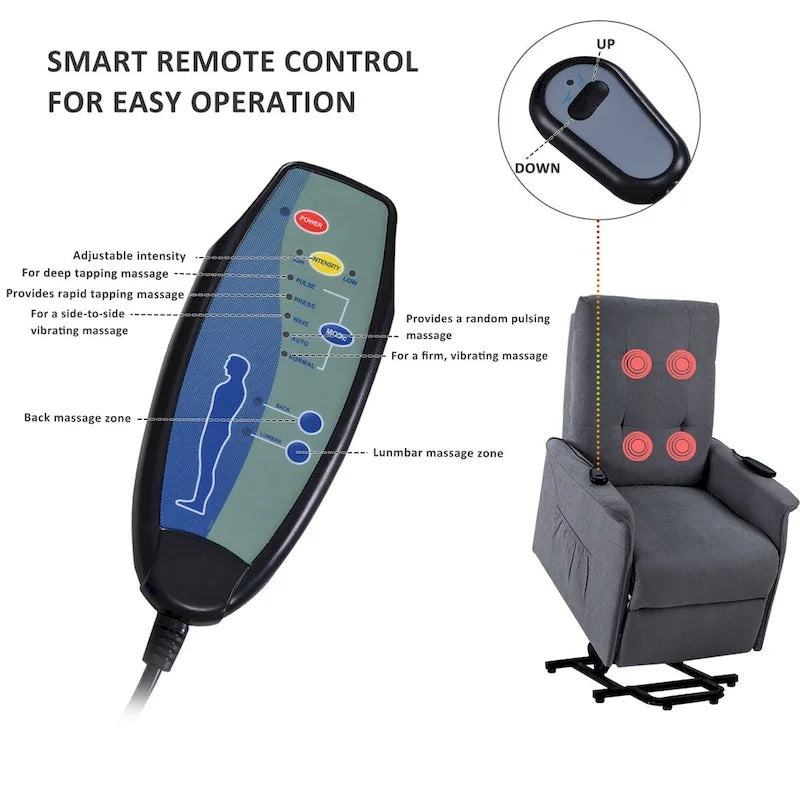 Fauteuil inclinable releveur électrique gris clair/gris foncé avec massage et télécommande – 1 place