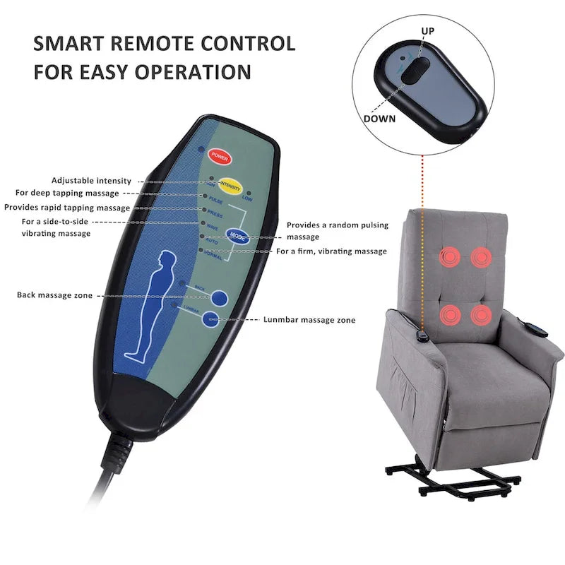 Fauteuil inclinable releveur électrique gris clair/gris foncé avec massage et télécommande – 1 place