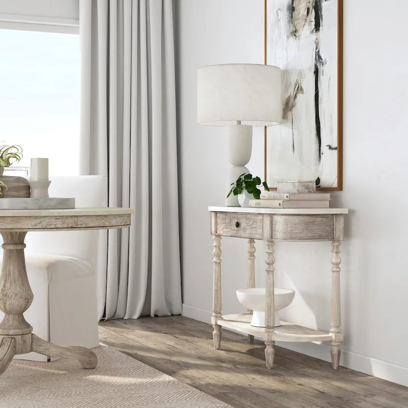 Console demi-lune avec plateau en véritable marbre marron clair / gris / noir délavé et piètement en bois d'acajou