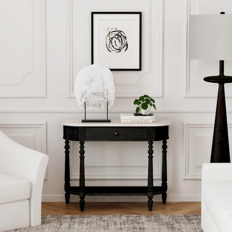 Console demi-lune avec plateau en véritable marbre marron clair / gris / noir délavé et piètement en bois d'acajou