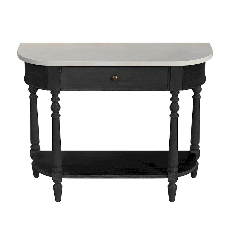 Console demi-lune avec plateau en véritable marbre marron clair / gris / noir délavé et piètement en bois d'acajou