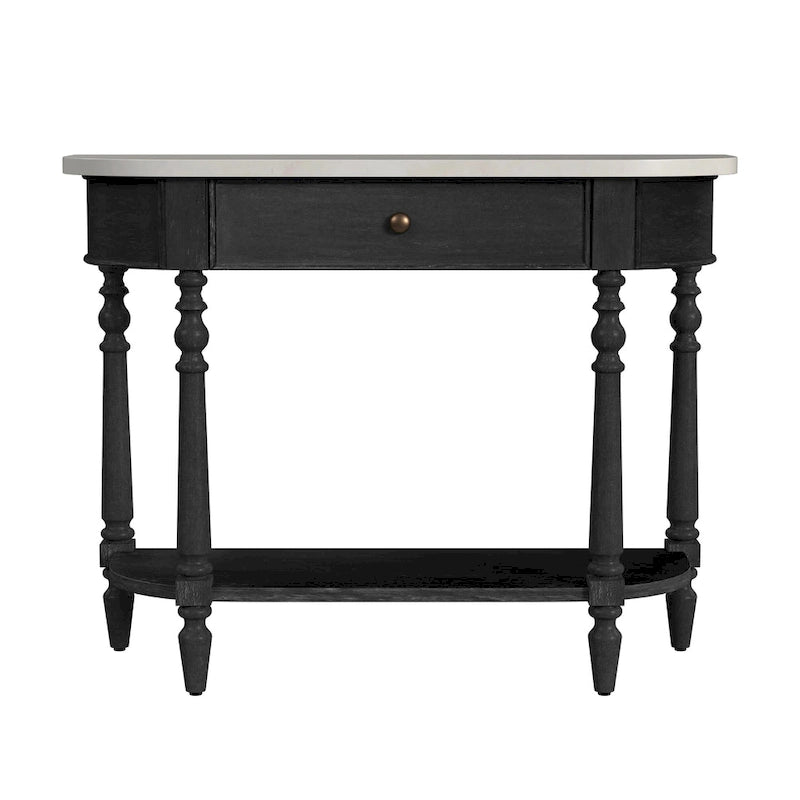 Console demi-lune avec plateau en véritable marbre marron clair / gris / noir délavé et piètement en bois d'acajou