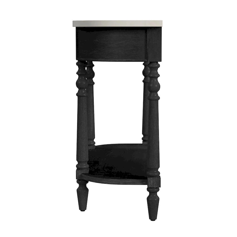 Console demi-lune avec plateau en véritable marbre marron clair / gris / noir délavé et piètement en bois d'acajou
