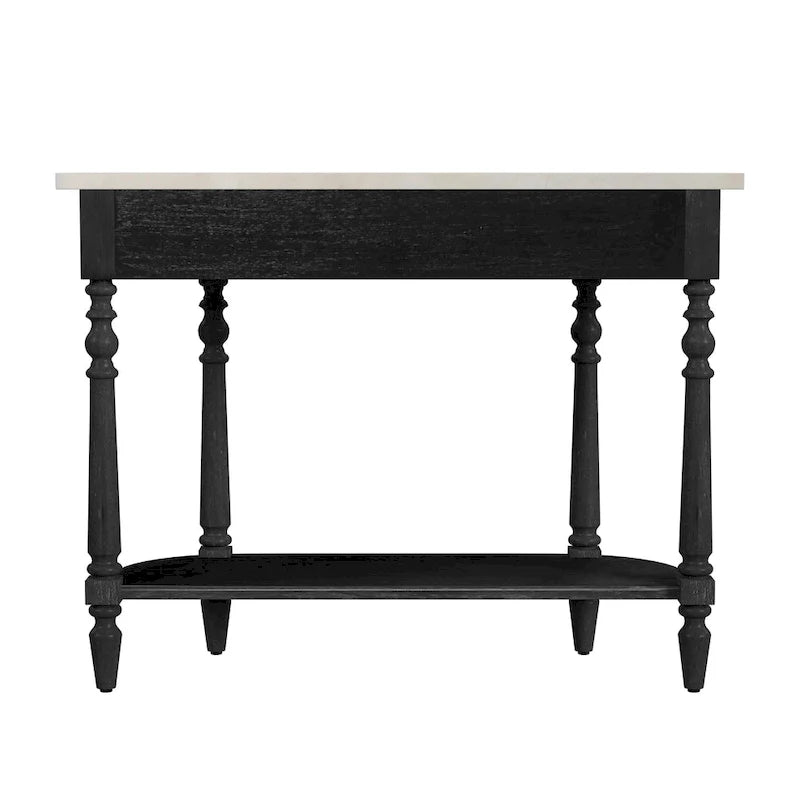 Console demi-lune avec plateau en véritable marbre marron clair / gris / noir délavé et piètement en bois d'acajou