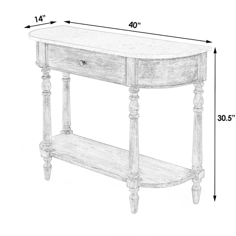 Console demi-lune avec plateau en véritable marbre marron clair / gris / noir délavé et piètement en bois d'acajou