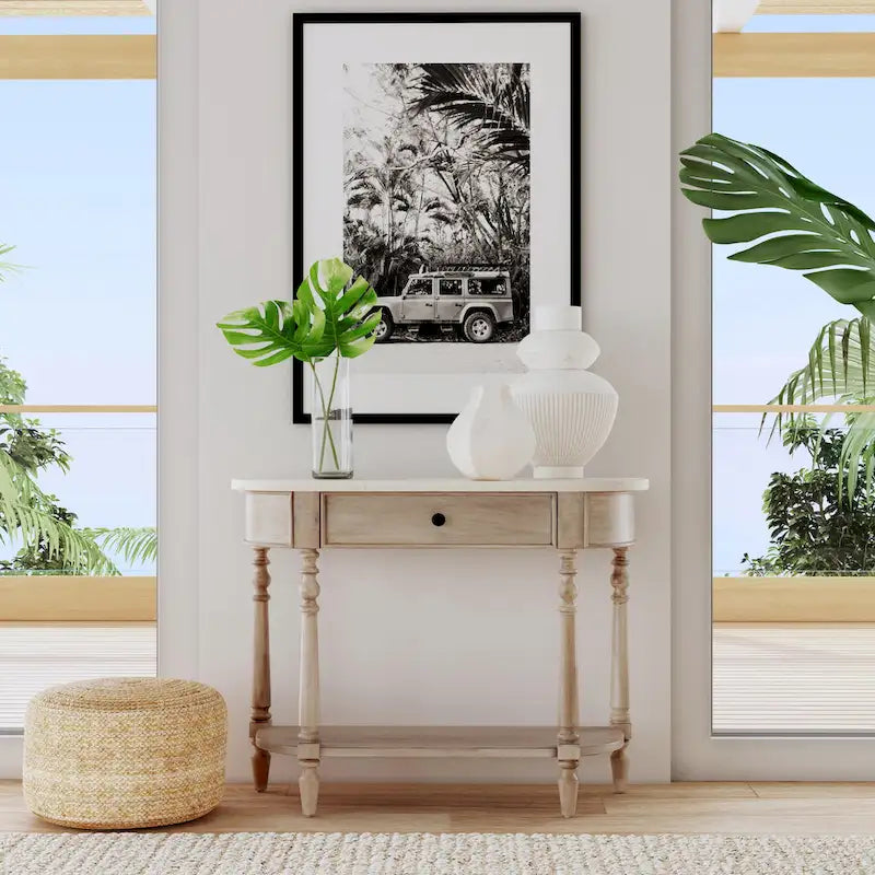 Console demi-lune avec plateau en véritable marbre marron clair / gris / noir délavé et piètement en bois d'acajou