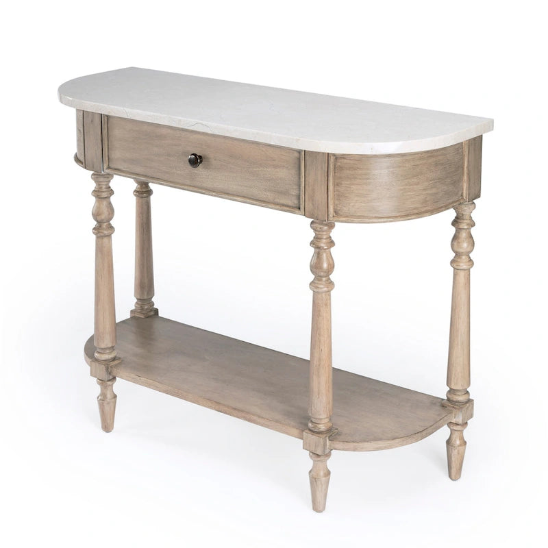 Console demi-lune avec plateau en véritable marbre marron clair / gris / noir délavé et piètement en bois d'acajou