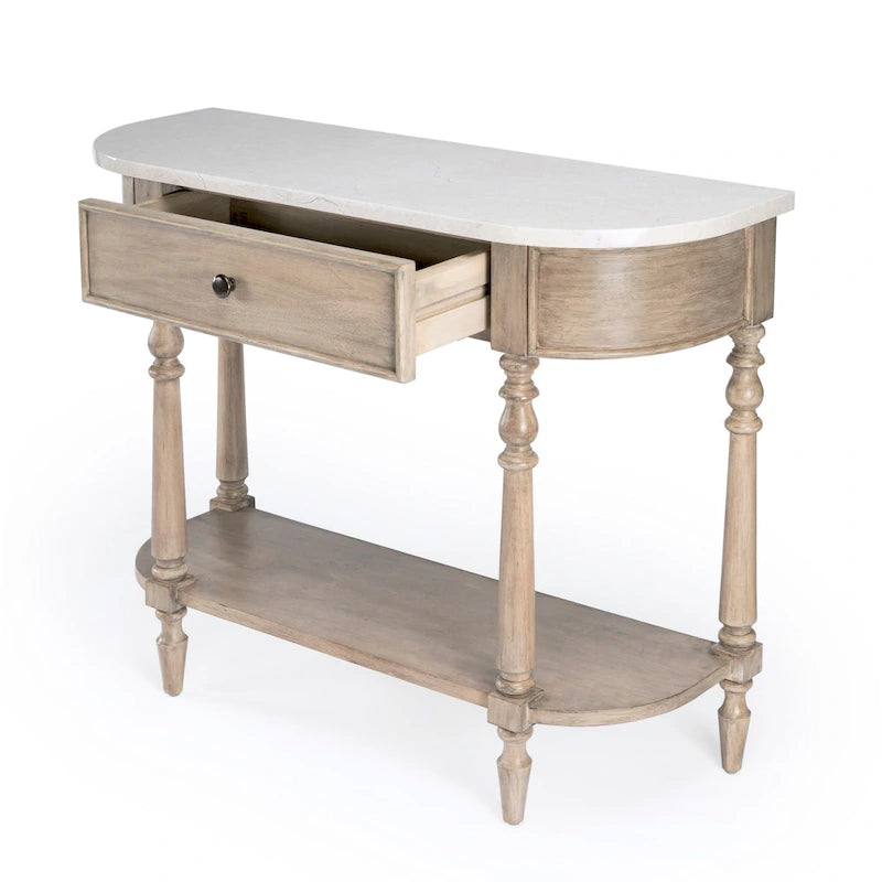 Console demi-lune avec plateau en véritable marbre marron clair / gris / noir délavé et piètement en bois d'acajou