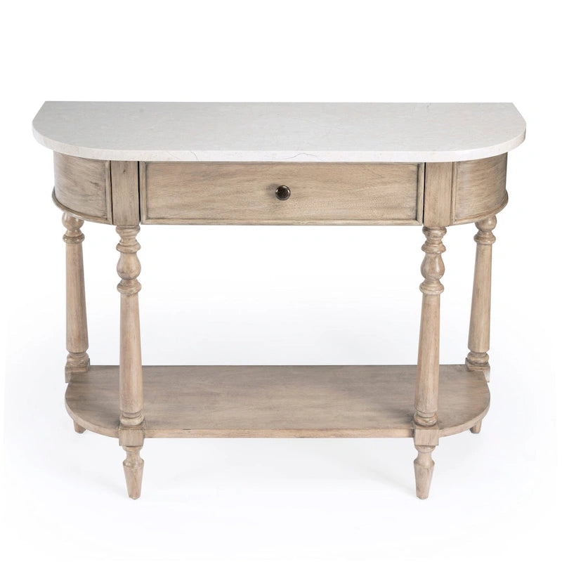 Console demi-lune avec plateau en véritable marbre marron clair / gris / noir délavé et piètement en bois d'acajou