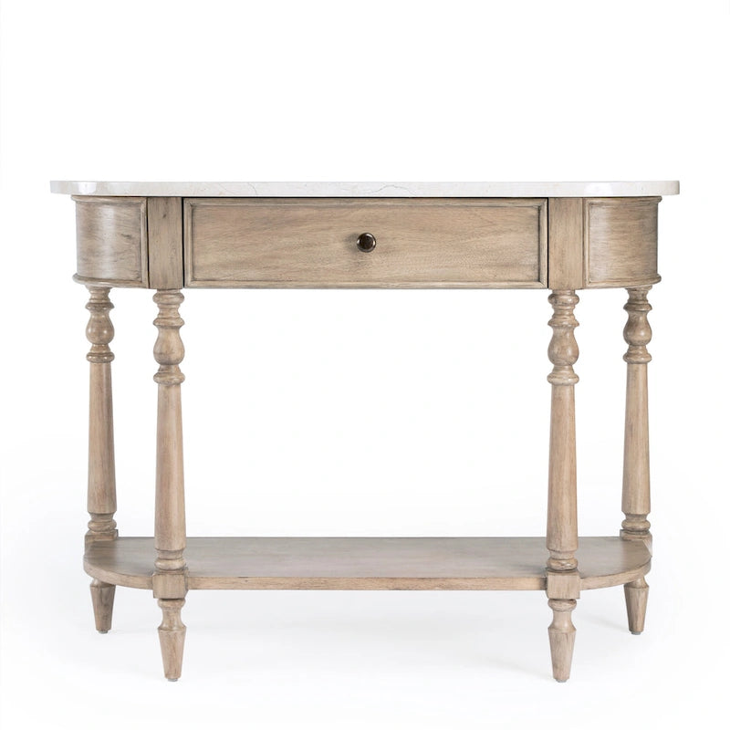 Console demi-lune avec plateau en véritable marbre marron clair / gris / noir délavé et piètement en bois d'acajou