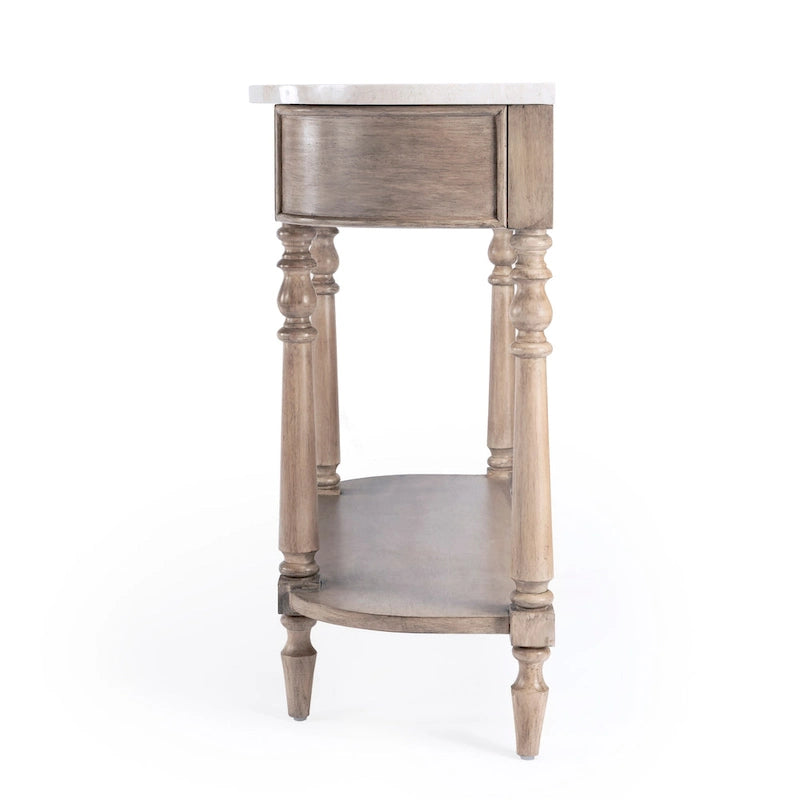 Console demi-lune avec plateau en véritable marbre marron clair / gris / noir délavé et piètement en bois d'acajou