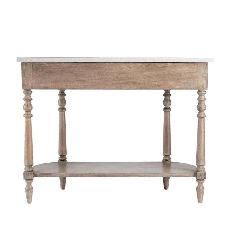 Console demi-lune avec plateau en véritable marbre marron clair / gris / noir délavé et piètement en bois d'acajou