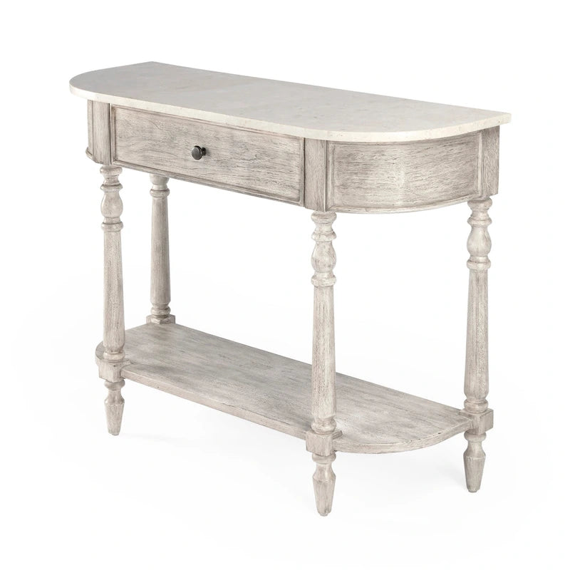 Console demi-lune avec plateau en véritable marbre marron clair / gris / noir délavé et piètement en bois d'acajou