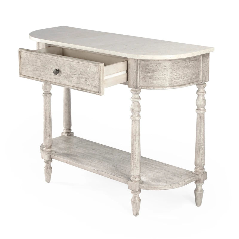 Console demi-lune avec plateau en véritable marbre marron clair / gris / noir délavé et piètement en bois d'acajou