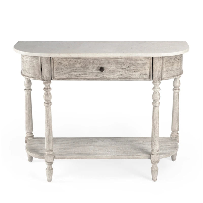 Console demi-lune avec plateau en véritable marbre marron clair / gris / noir délavé et piètement en bois d'acajou