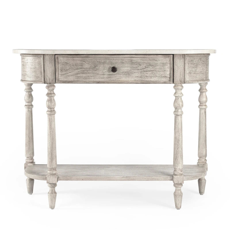 Console demi-lune avec plateau en véritable marbre marron clair / gris / noir délavé et piètement en bois d'acajou
