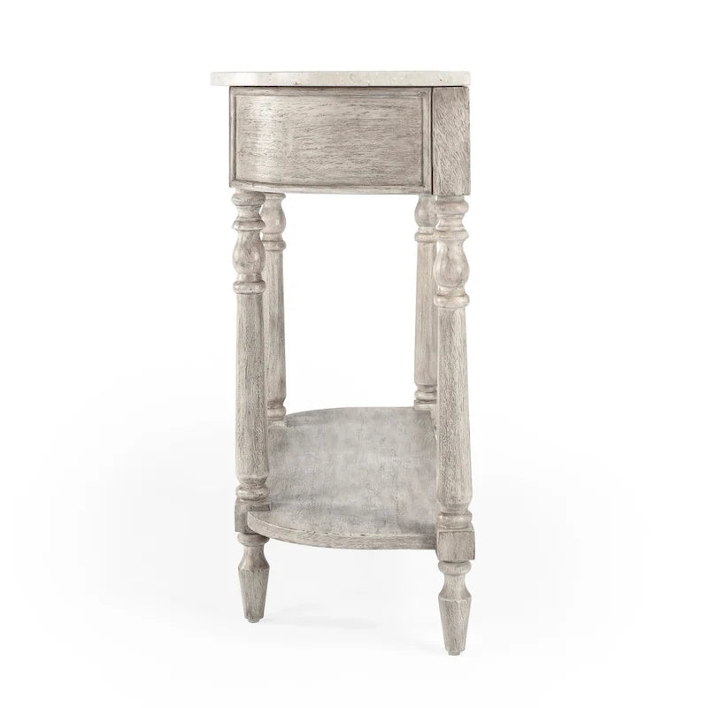 Console demi-lune avec plateau en véritable marbre marron clair / gris / noir délavé et piètement en bois d'acajou