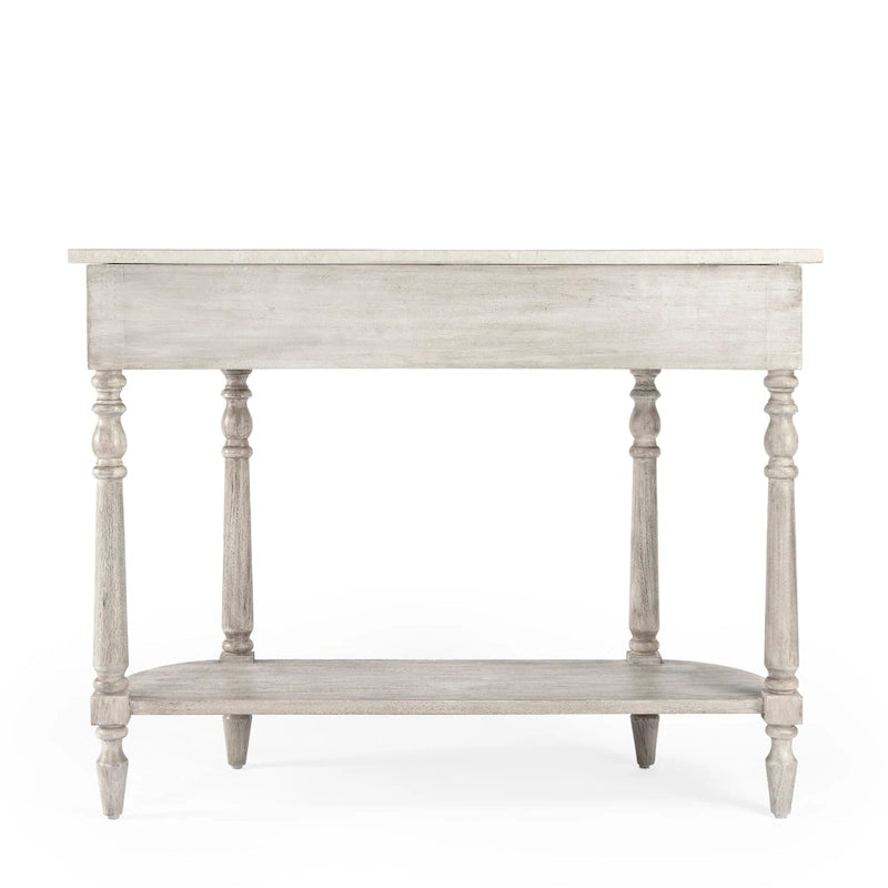 Console demi-lune avec plateau en véritable marbre marron clair / gris / noir délavé et piètement en bois d'acajou