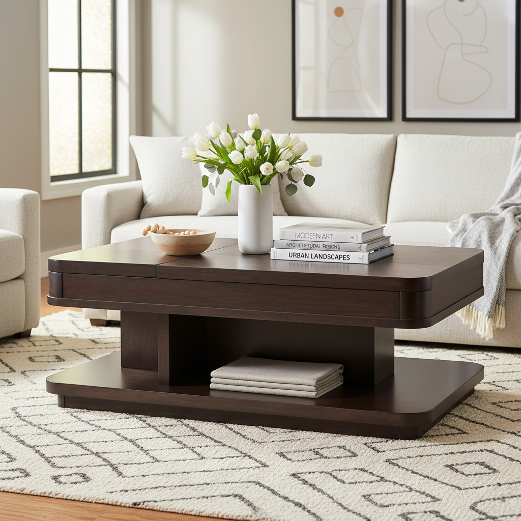 Table basse relevable rectangulaire double en acajou chocolat marron avec roulettes et étagère inférieure