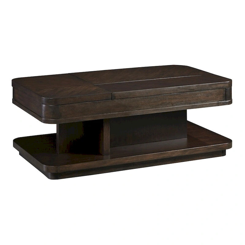 Table basse relevable rectangulaire double en acajou chocolat marron avec roulettes et étagère inférieure