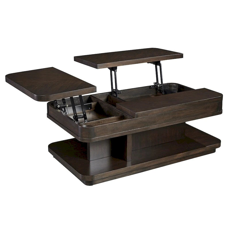 Table basse relevable rectangulaire double en acajou chocolat marron avec roulettes et étagère inférieure