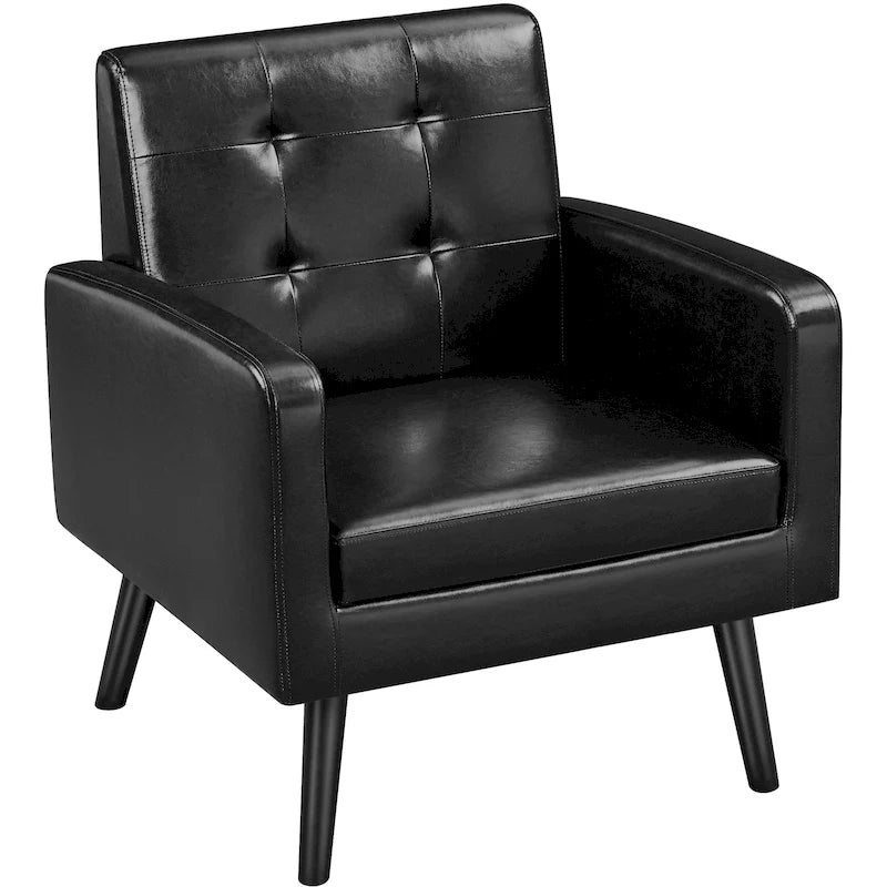 Fauteuil d'appoint 1 place mi-siècle rétro marron / noir / beige en similicuir capitonné avec pieds en bois d'hévéa