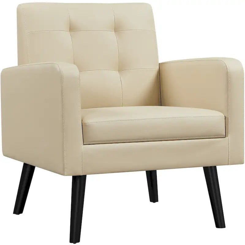 Fauteuil d'appoint 1 place mi-siècle rétro marron / noir / beige en similicuir capitonné avec pieds en bois d'hévéa