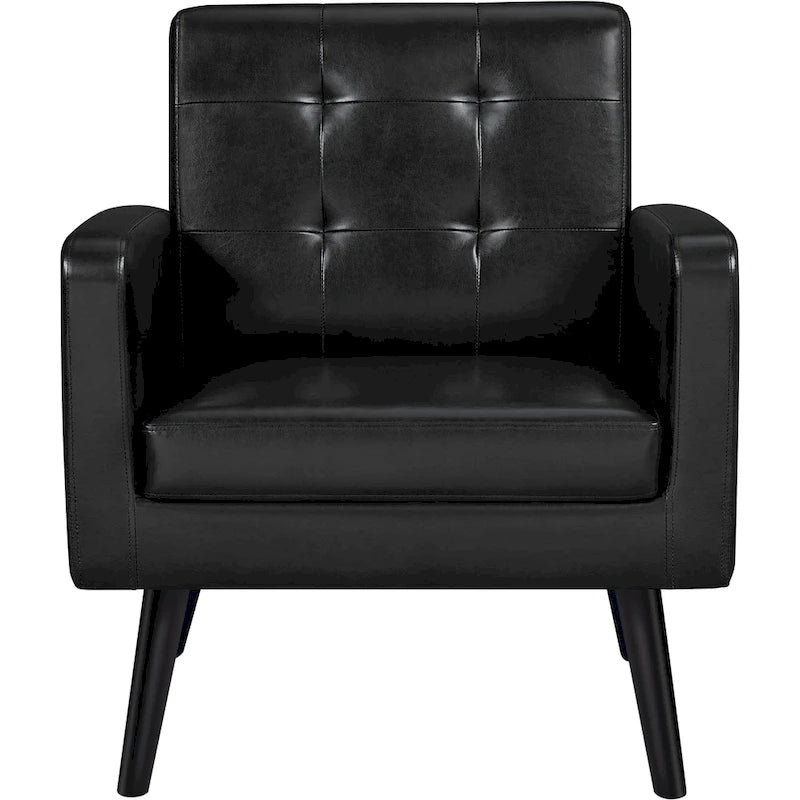 Fauteuil d'appoint 1 place mi-siècle rétro marron / noir / beige en similicuir capitonné avec pieds en bois d'hévéa