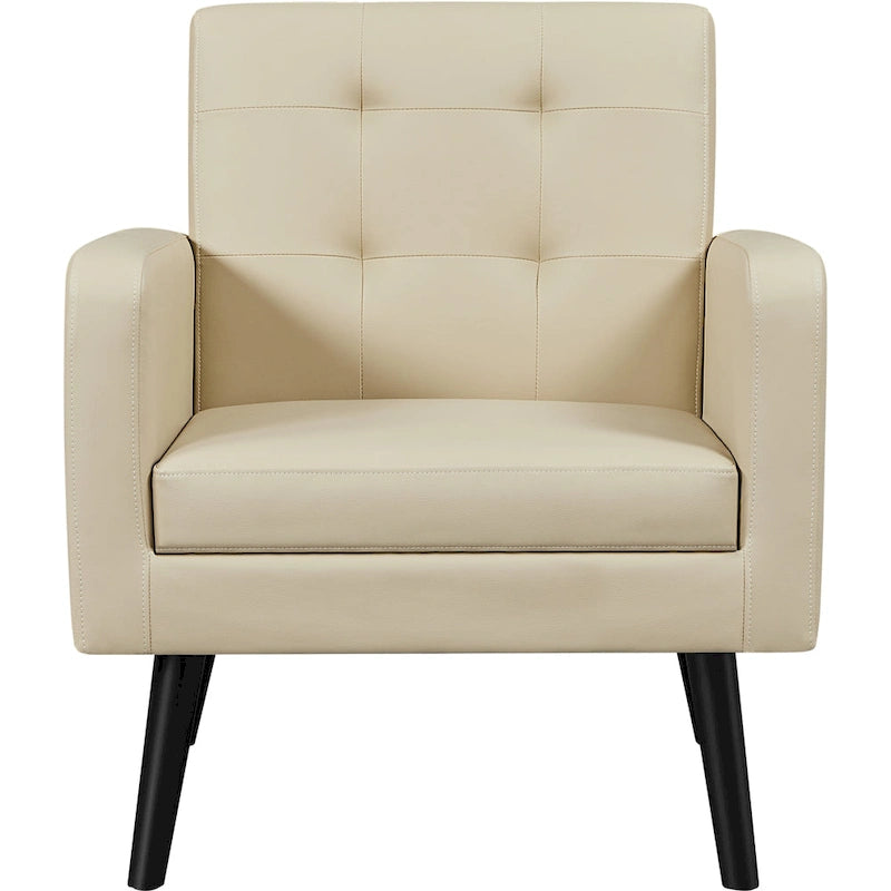 Fauteuil d'appoint 1 place mi-siècle rétro marron / noir / beige en similicuir capitonné avec pieds en bois d'hévéa