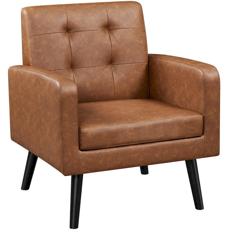 Fauteuil d'appoint 1 place mi-siècle rétro marron / noir / beige en similicuir capitonné avec pieds en bois d'hévéa
