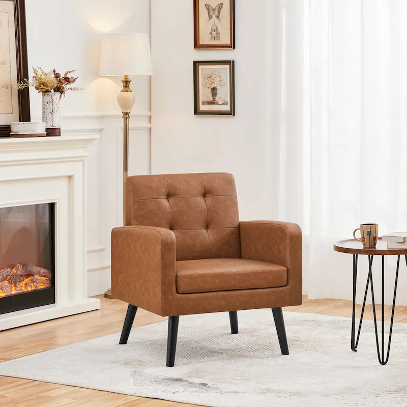 Fauteuil d'appoint 1 place mi-siècle rétro marron / noir / beige en similicuir capitonné avec pieds en bois d'hévéa
