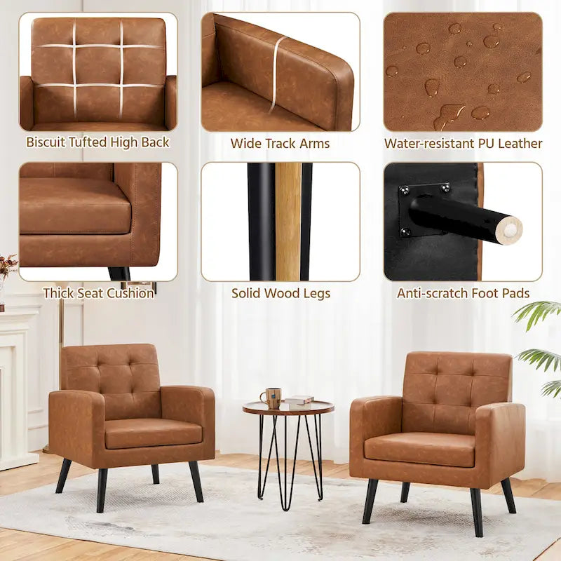 Fauteuil d'appoint 1 place mi-siècle rétro marron / noir / beige en similicuir capitonné avec pieds en bois d'hévéa