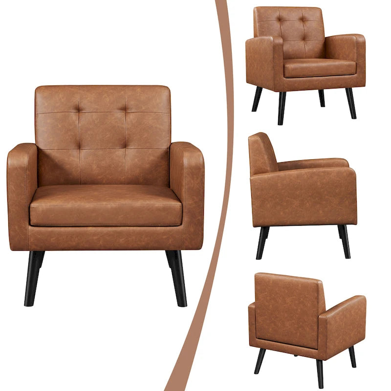Fauteuil d'appoint 1 place mi-siècle rétro marron / noir / beige en similicuir capitonné avec pieds en bois d'hévéa