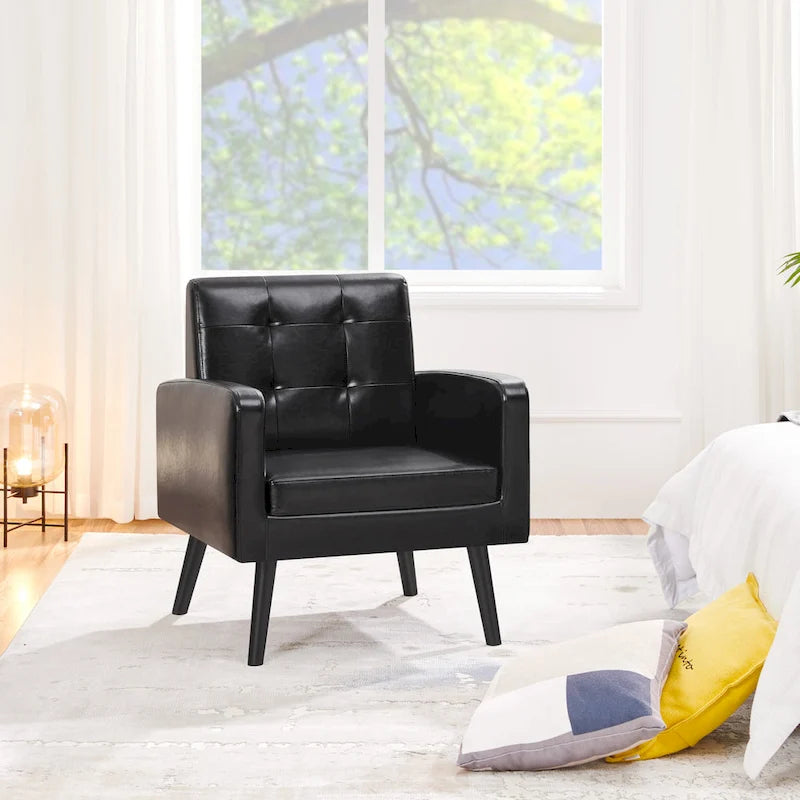 Fauteuil d'appoint 1 place mi-siècle rétro marron / noir / beige en similicuir capitonné avec pieds en bois d'hévéa