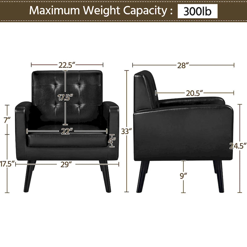 Fauteuil d'appoint 1 place mi-siècle rétro marron / noir / beige en similicuir capitonné avec pieds en bois d'hévéa