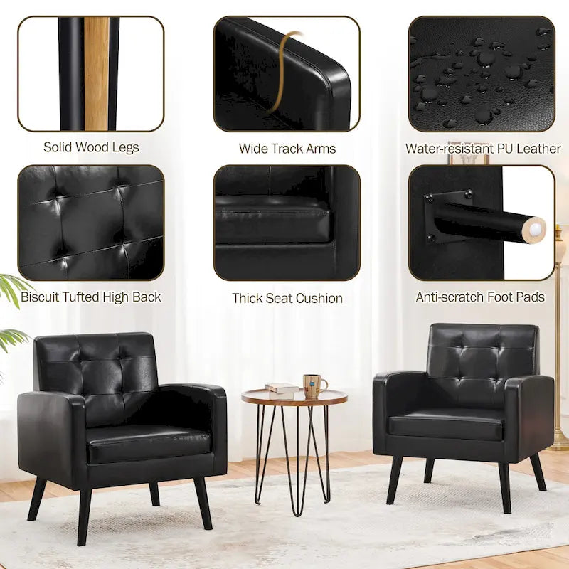 Fauteuil d'appoint 1 place mi-siècle rétro marron / noir / beige en similicuir capitonné avec pieds en bois d'hévéa