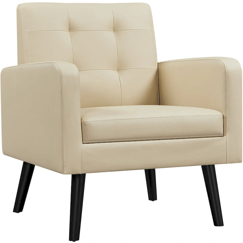 Fauteuil d'appoint 1 place mi-siècle rétro marron / noir / beige en similicuir capitonné avec pieds en bois d'hévéa