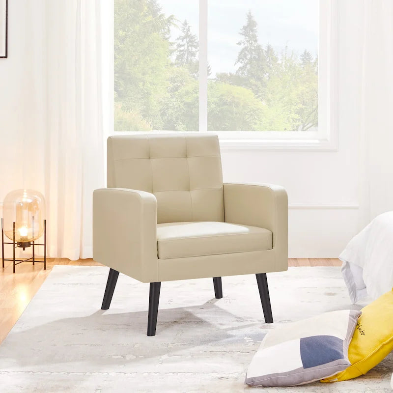 Fauteuil d'appoint 1 place mi-siècle rétro marron / noir / beige en similicuir capitonné avec pieds en bois d'hévéa