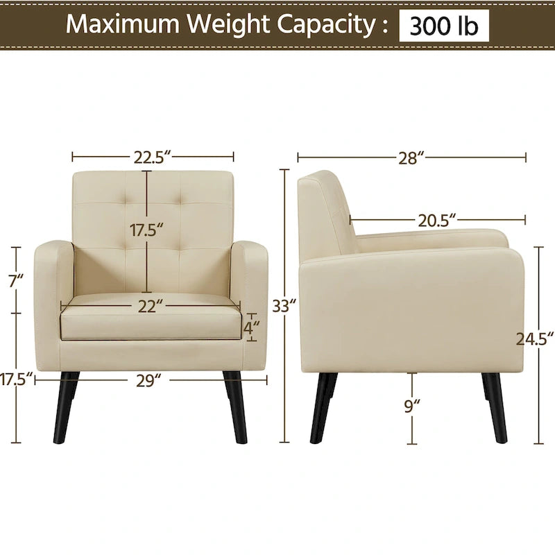 Fauteuil d'appoint 1 place mi-siècle rétro marron / noir / beige en similicuir capitonné avec pieds en bois d'hévéa