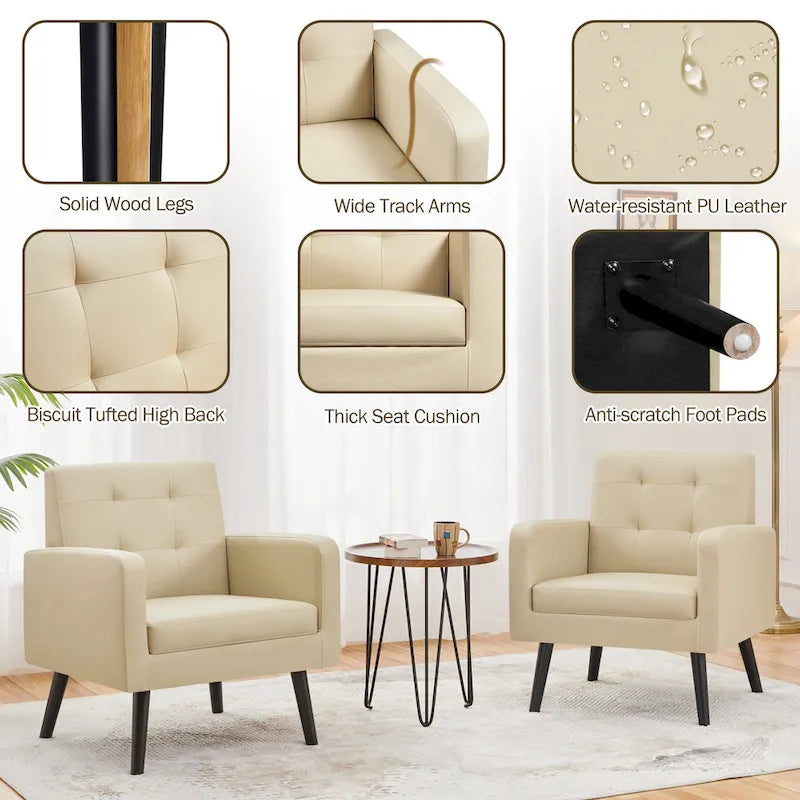 Fauteuil d'appoint 1 place mi-siècle rétro marron / noir / beige en similicuir capitonné avec pieds en bois d'hévéa