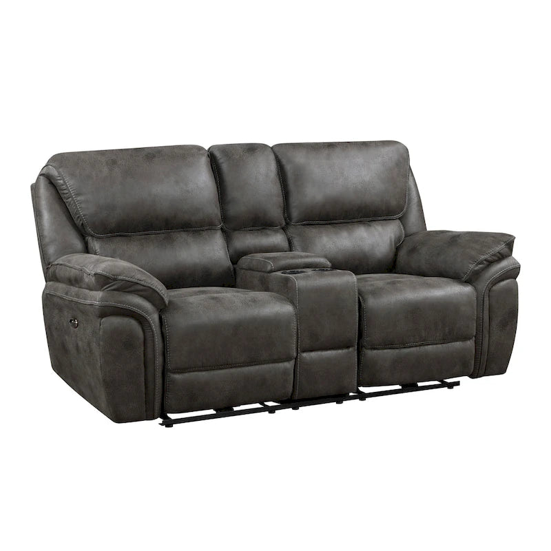 Causeuse inclinable double électrique en microfibre grise avec console centrale, porte-gobelets et port USB – 2 places