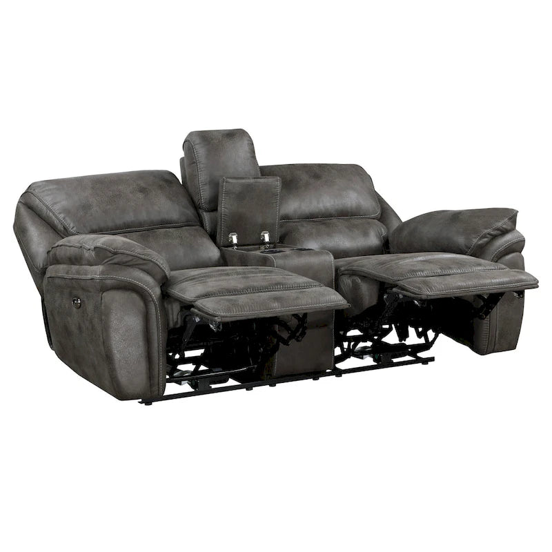 Causeuse inclinable double électrique en microfibre grise avec console centrale, porte-gobelets et port USB – 2 places