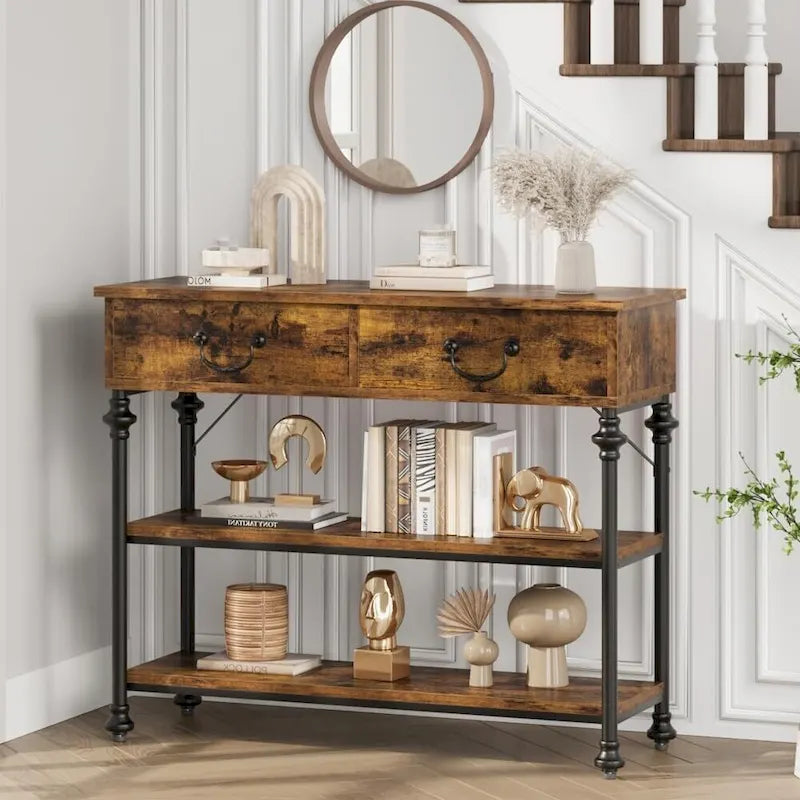 Console étroite à 3 tiroirs marron/gris avec pieds en colonne romaine – Style vintage