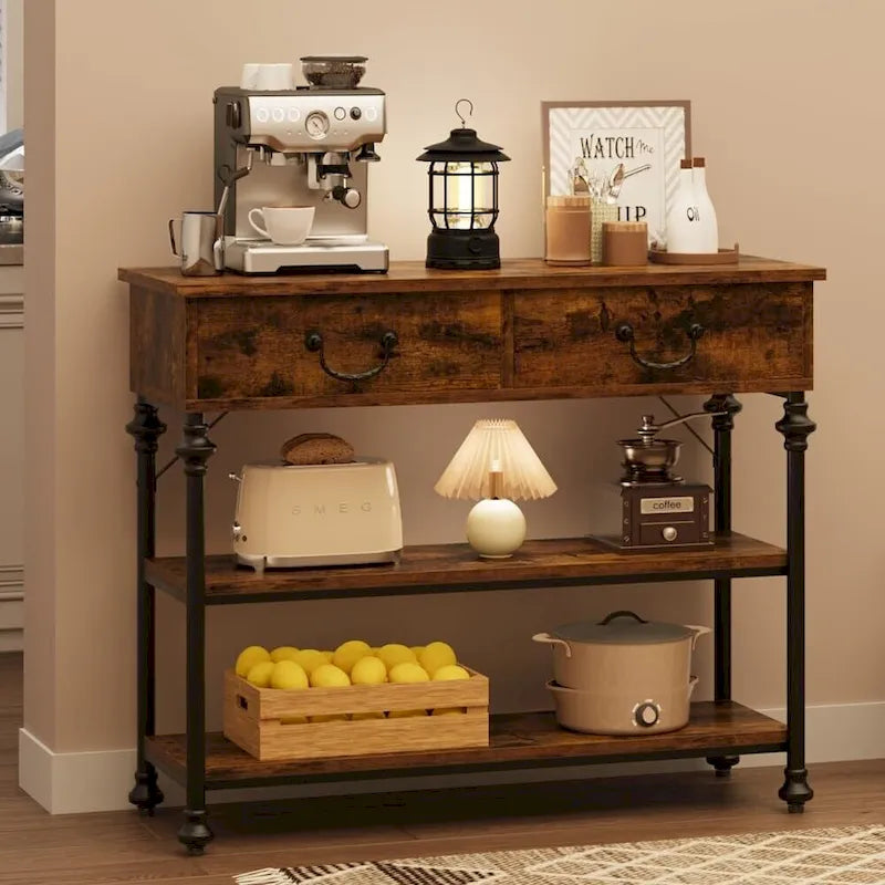 Console étroite à 3 tiroirs marron/gris avec pieds en colonne romaine – Style vintage