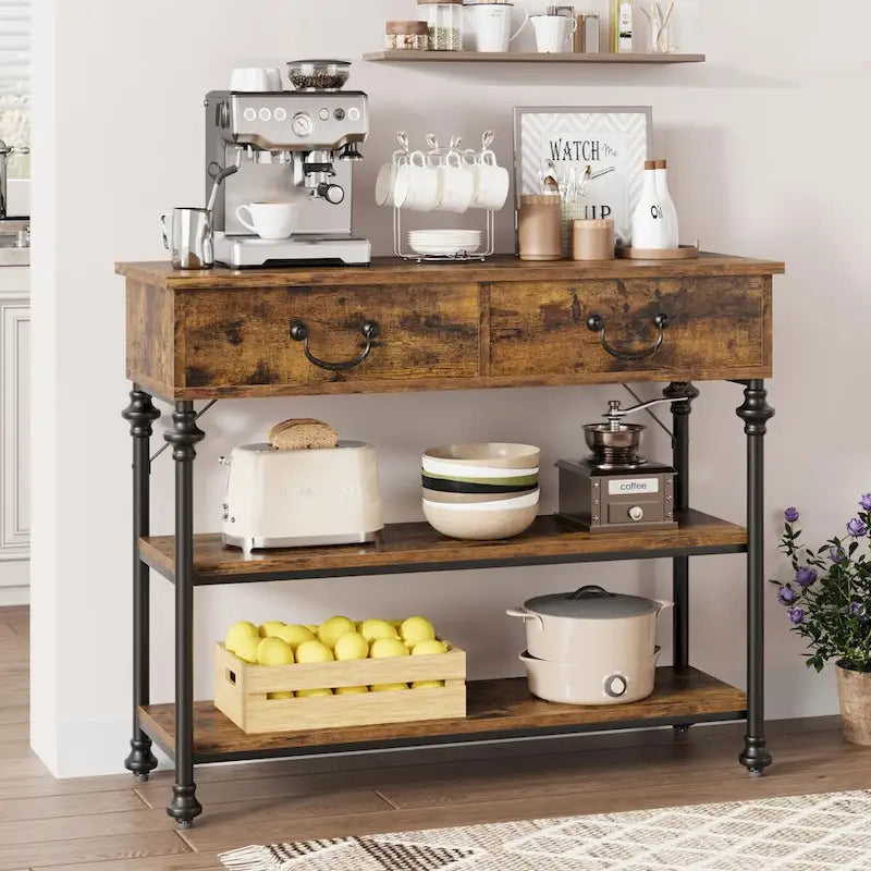 Console étroite à 3 tiroirs marron/gris avec pieds en colonne romaine – Style vintage