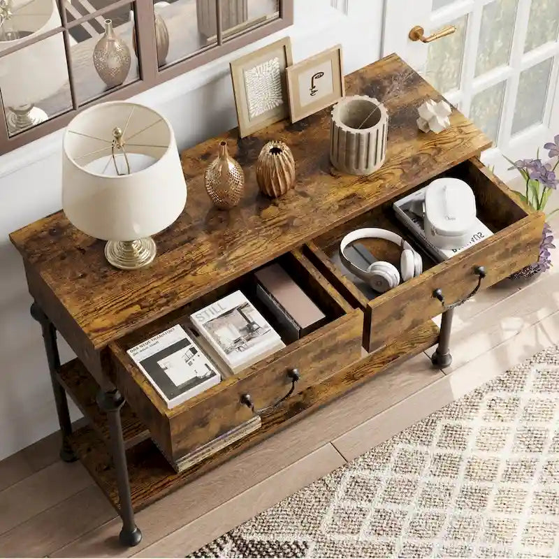Console étroite à 3 tiroirs marron/gris avec pieds en colonne romaine – Style vintage