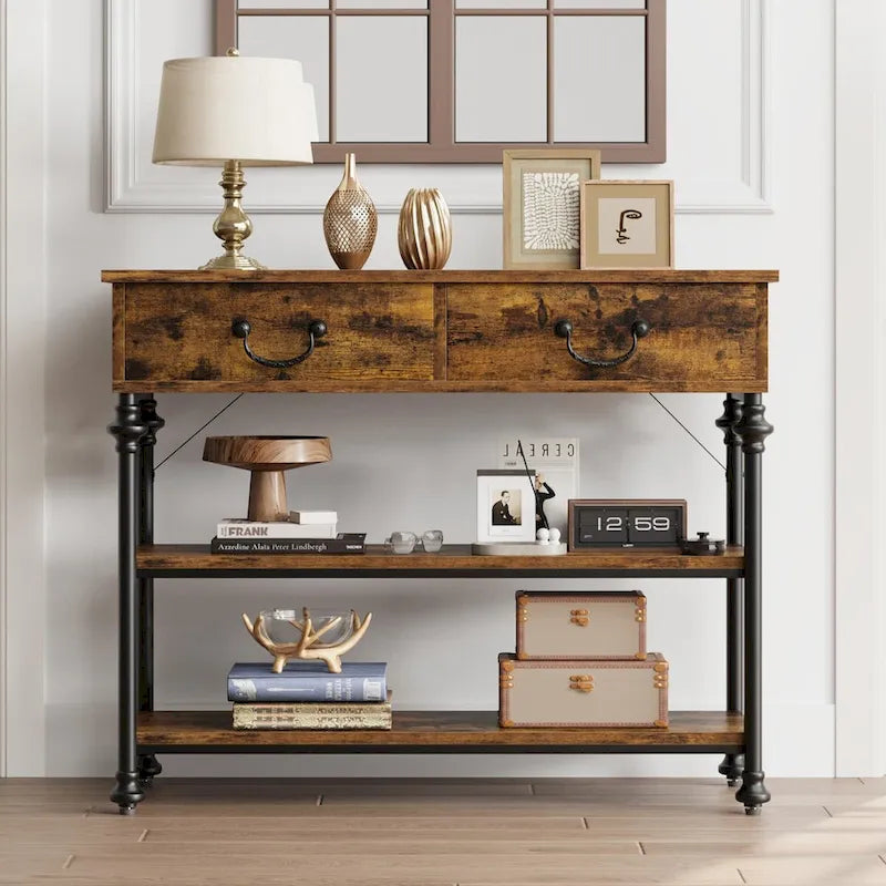 Console étroite à 3 tiroirs marron/gris avec pieds en colonne romaine – Style vintage